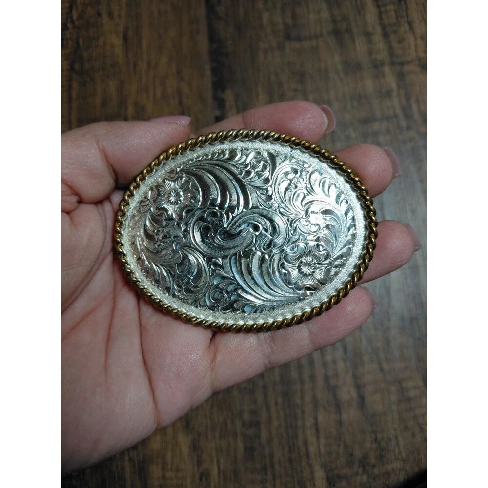 Crumrine Heavy Silver Plate On Jewelers Bronze Western Belt Buckle Vintage